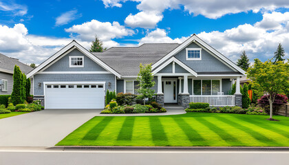 Ranch style home featuring grey cedar shake siding, white trim, covered front porch. Includes two-car garage, manicured lawn, pro