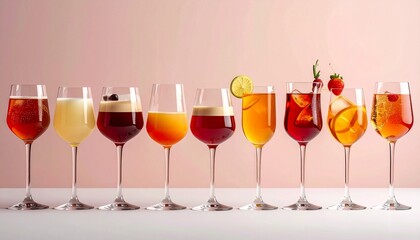 Row of nine wine glasses filled with colorful beverages in red, orange, yellow, blue, and purple,