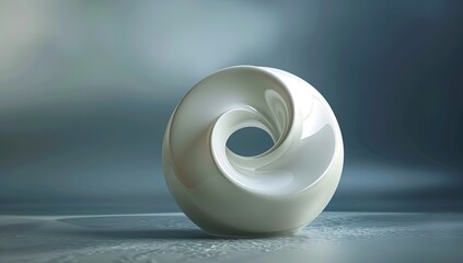 A smooth, off-white, torus-shaped object rests on a reflective surface against a blurred, cool-toned backdrop.  Its form suggests movement and endlessness