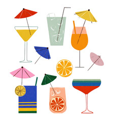 Colorful assortment of cocktails and drinks,  each with a decorative umbrella and a straw.  Vibrant, stylized design,  featuring various glasses and fruit slices