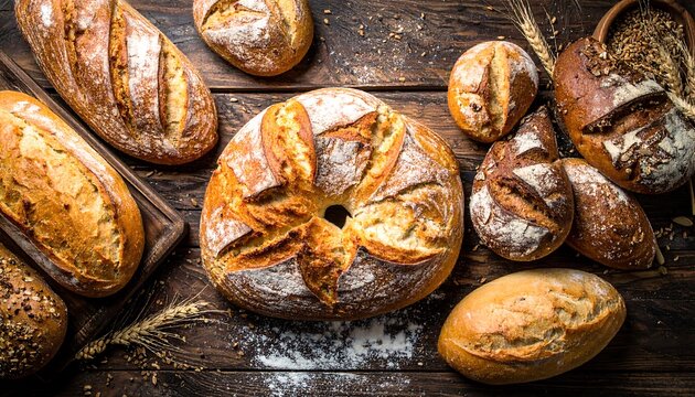 Variety of baked breads on a rustic wooden table