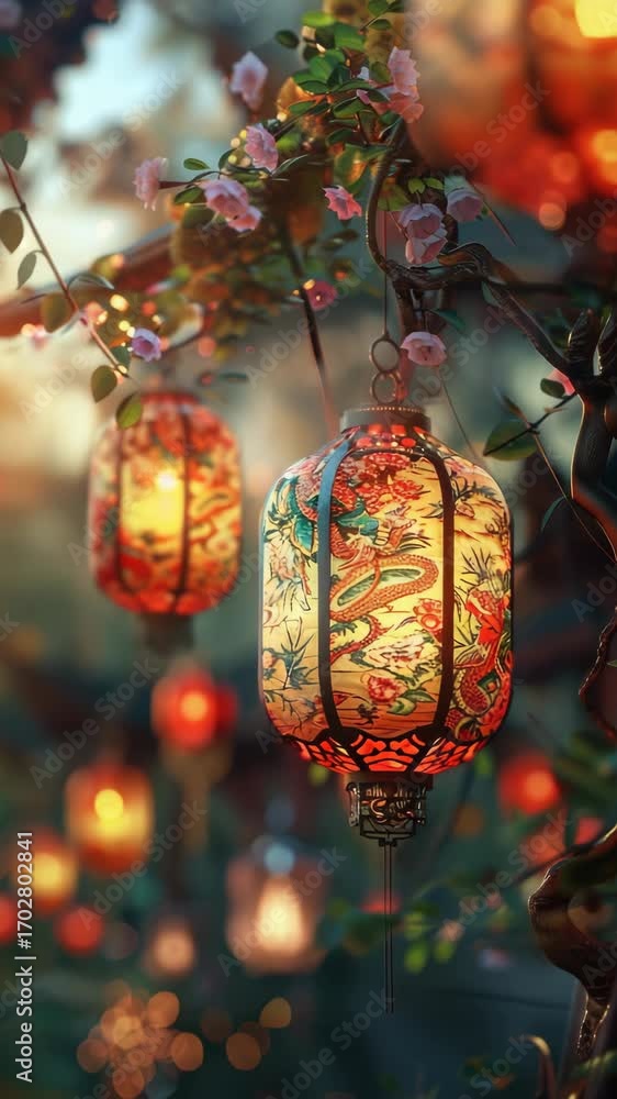 Aufkleber a group of lanterns hanging from a tree. the lanterns are red and yellow and have a dragon design