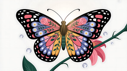 Butterfly with Floral Patterned Wings Vector Art