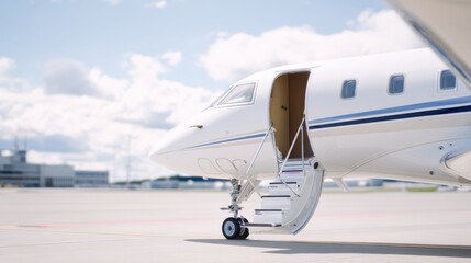 Close-up of private jet with open door and stairway ready for boarding on airport tarmac under sunny sky and clouds.