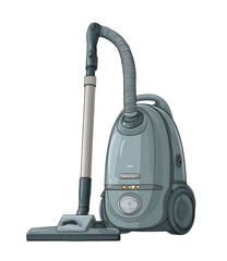 Illustration of a gray upright vacuum cleaner.  The vacuum has a long, light gray hose and wand.  It rests on a gray base with wheels.  Simple, cartoon-like style