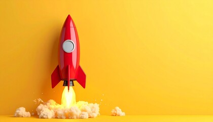 Red toy rocket with pointed nose cone, circular window, and three fins, standing upright on bright yellow background