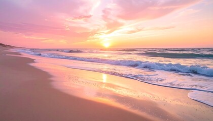 Serene Pink Sunrise Over Ocean Beach.