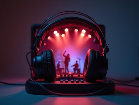 Headphones and mixing console creating live music on laptop with band silhouette