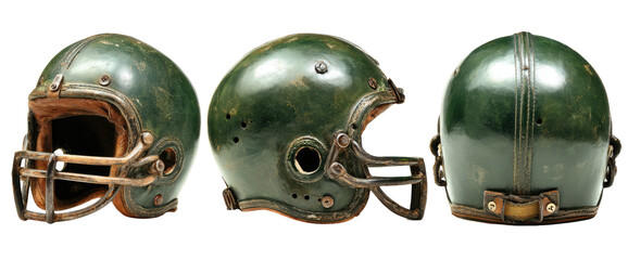 Three vintage green football helmets, showing different angles (2)