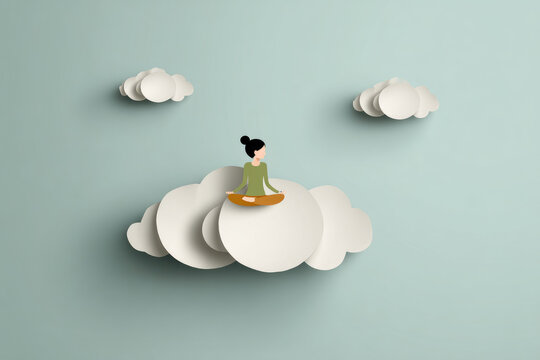 Person meditating peacefully on layered white cloud paper cut style minimalist design soft blue background calm atmosphere relaxation mindfulness tranquility