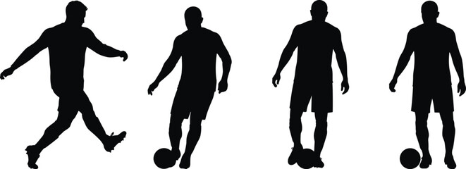 soccer player silhouette, football athlete poses, black outline sportsman, man with ball vector, soccer action design, shadow player illustration, team sport concept