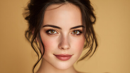 Fototapeta premium Close up portrait of a young woman with brown hair and freckles