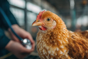Veterinarian examining healthy brown hen during poultry farm checkup for agricultural website banner