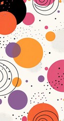 An abstract composition featuring a variety of sized circles in orange, pink, purple and black, overlaid on a white background with small scattered dots and thin black spiral lines