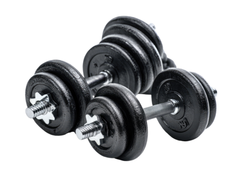 Close-up of a set of black dumbbells.  Stacked weights, showing metal handles and circular weight plates.  Workout equipment, isolated on black background
