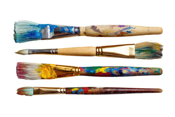 Five paintbrushes, various sizes and colors, with paint splatters on handles