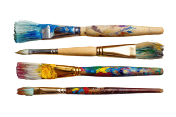 Five paintbrushes, various sizes and colors, with paint splatters on handles