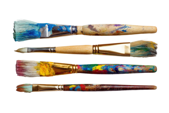 Five paintbrushes, various sizes and colors, with paint splatters on handles