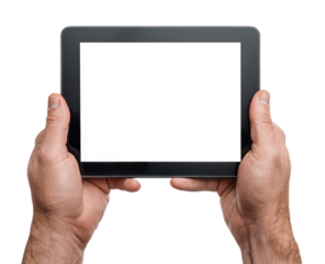 Hands holding a tablet computer with a blank screen.  The tablet is dark gray, and the screen is white.  The hands are light-skinned and appear to be male.  The image is well-lit and focused
