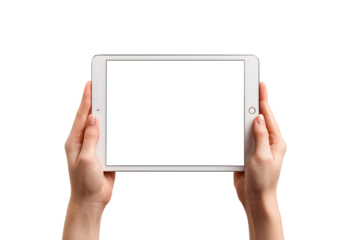 A tablet computer held in hands, blank screen