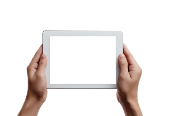 Hands holding a tablet computer, blank screen