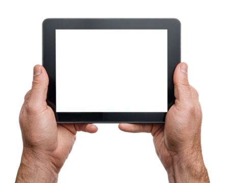 Hands holding a tablet computer with a blank screen. The tablet is dark gray, and the screen is white. The hands are light-skinned and appear to be male. The image is well-lit and focused - Powered by Adobe