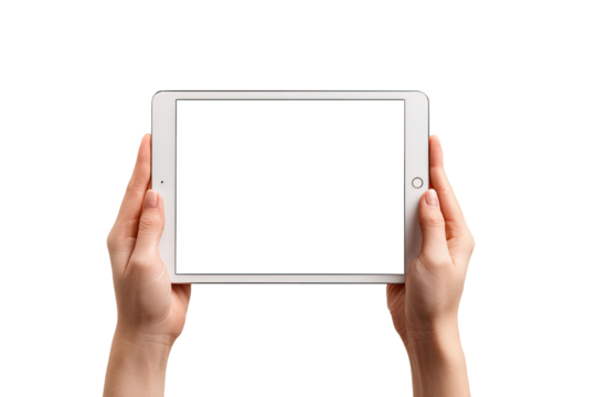 A tablet computer held in hands, blank screen