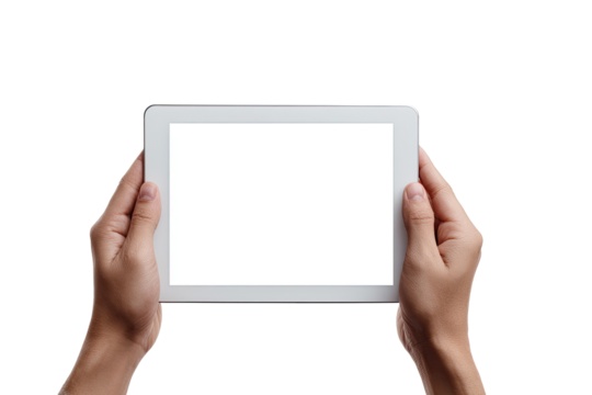 Hands holding a tablet computer, blank screen