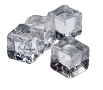 Close-up of three ice cubes, clear and square, stacked and slightly overlapping