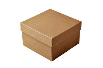 Square, light brown cardboard box.  Closed, simple, and plain