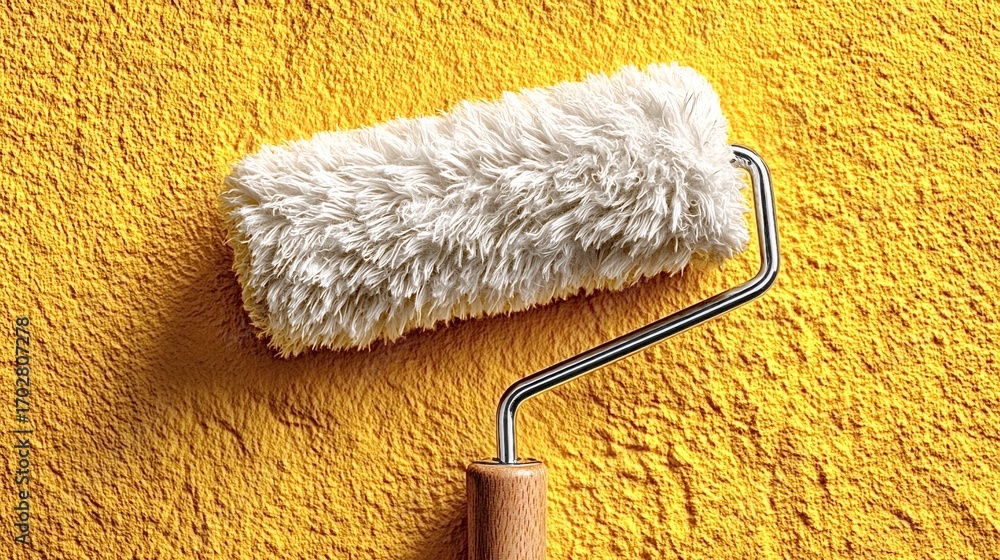 Poster clean paint roller applying a fresh coat of vibrant yellow paint to a textured wall, creating a smoo