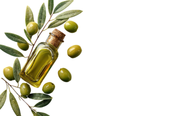 Olive oil in a small bottle, surrounded by fresh olive branches and olives