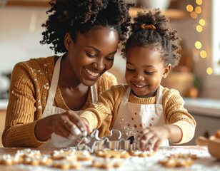 Mother and daughter making christmas cookies together at home