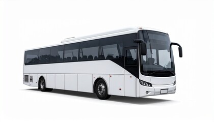 Large white passenger bus with sleek design, tinted windows, and multiple storage compartments