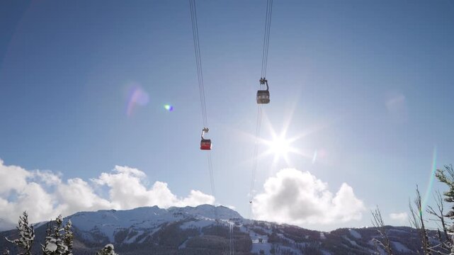Whistler Mountain Peak2Peak gondola, ski mountain, sunny day, winter, ski hill. 4k 24fps