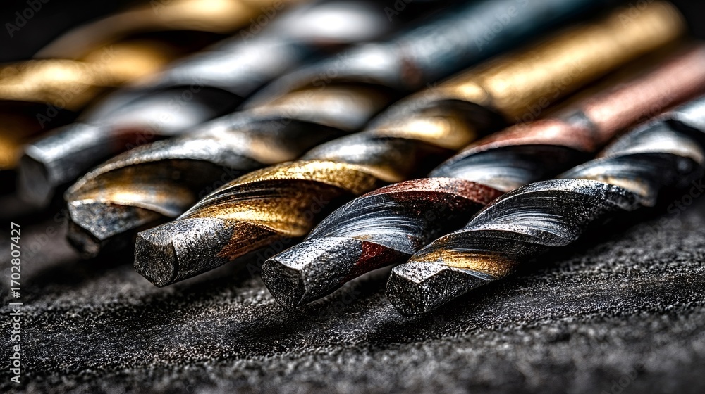 Poster several drill bits resting on a dark surface highlight their metallic and gold tones, forming a stri