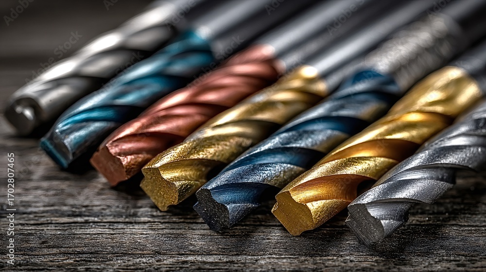 Poster several drill bits showcasing various metallic colors and textures are neatly arranged on a weathere