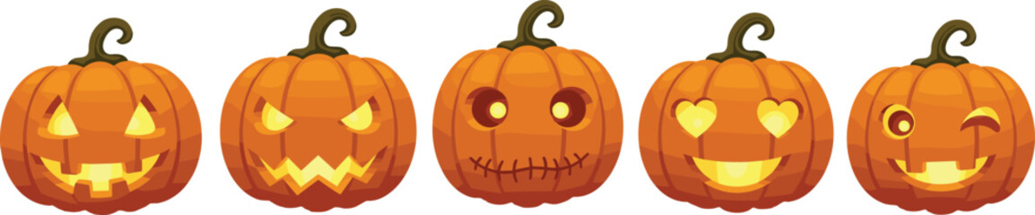 Set of five Halloween pumpkins with carved faces, jack-o'-lanterns, spooky expressions, festive autumn decorations, Halloween holiday, pumpkin art, cartoon pumpkins