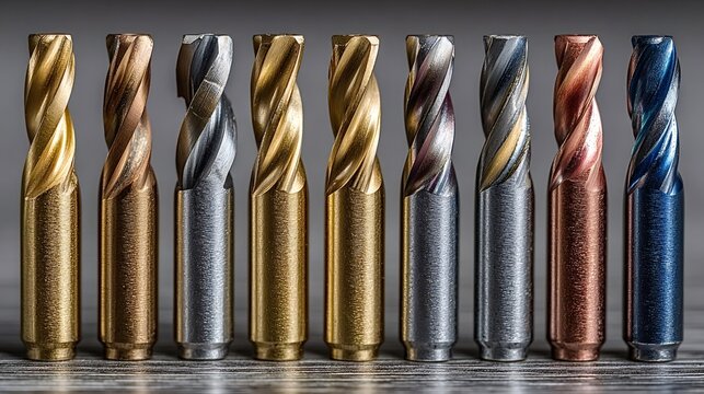 Several drill bits with different coatings are standing upright on a wooden surface, showcasing the variety of materials and finishes used in drill bit manufacturing