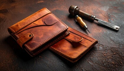 Two brown leather wallets on rustic table