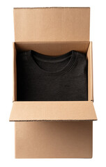 Open cardboard box containing a black t-shirt