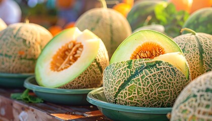 Fresh cantaloupe halves displayed