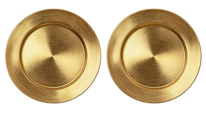 Two gold-toned, circular plates, side-by-side.  A brushed or polished metal finish gives them a subtle shine