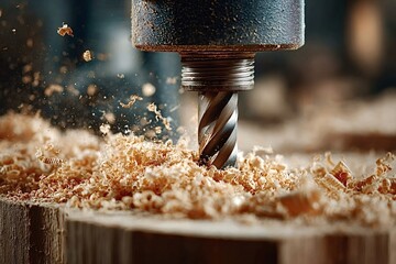 Industrial drill press creating a precise hole in a wooden piece, generating fine sawdust in a bustling woodworking workshop, highlighting the craftsmanship of carpentry