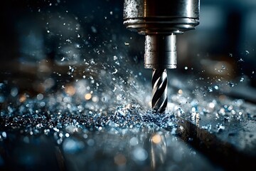 Metal drill bit creating precise holes in steel material, spraying water during the metalworking process and generating small metal shavings, highlights the power and speed of industrial machining