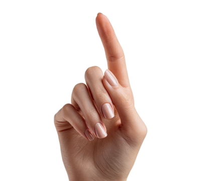 Close-up of a light-skinned woman's hand, finger pointing upward.  Soft, natural light