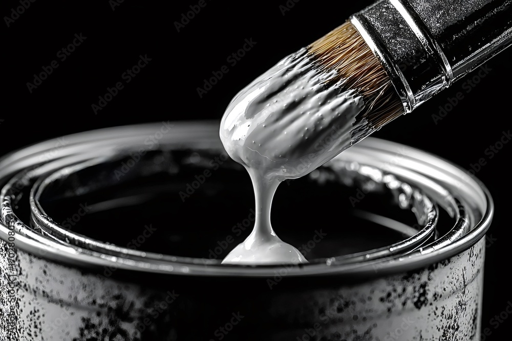 Poster white paint dripping from a brush into a paint can, creating a visually appealing contrast against t