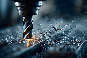 Metal shavings are flying as a milling machine drills into a metal workpiece, showcasing the precision and power of modern manufacturing processes in an industrial setting