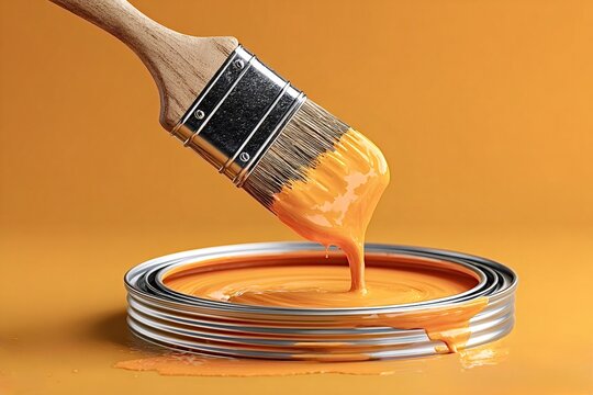Orange paint dripping from a paintbrush into an open paint can, against a vibrant orange background, embodies the concept of home renovation and painting projects