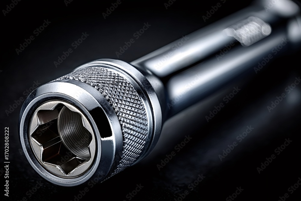 Poster lying on a dark background, a chrome socket wrench with a star shaped end showcases its shiny metall